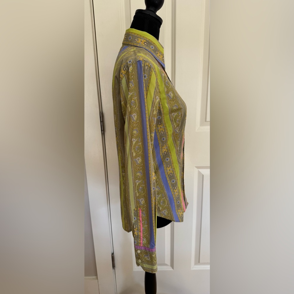 Etro green striped paisley cotton long sleeve button up fitted shirt women’s 44 - Picture 4 of 9
